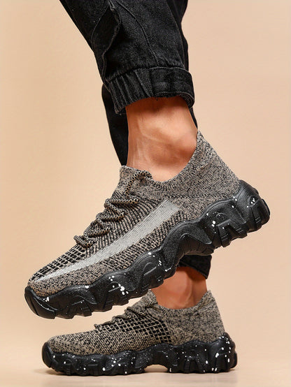 Men'S Casual Sneakers - Breathable Knit Upper, Geometric Pattern, Lace-Up Closure, Durable Rubber Sole, Comfortable Fabric Lining for Spring Sports & Casual Attire, Athletic Footwear | Geometric Pattern Shoes | Knit Construct