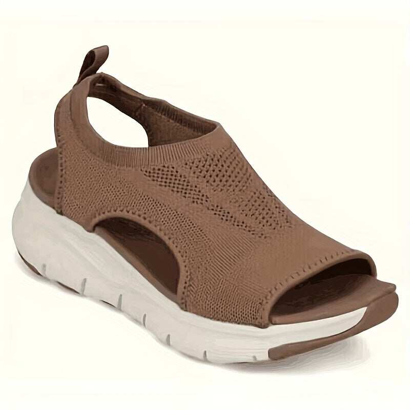 [Knitted Sandals] Lightweight Women's Knitted Cut-out Sandals | Solid Color Open Toe Slip On Shoes, Wedge Shoes