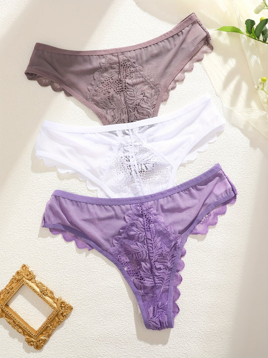 3 Pcs Sexy Lacy Trim Briefs, Breathable Semi-Sheer Thong - Women's Lingerie & Underwear - Lace Trim & Breathable Fabric - For Women - Perfect for Romantic Occasions - Ideal Gift for Her