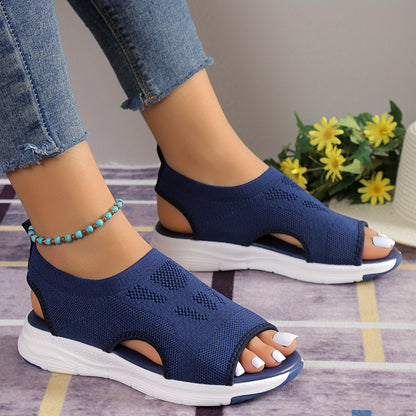 [Knitted Sandals] Lightweight Women's Knitted Cut-out Sandals | Solid Color Open Toe Slip On Shoes, Wedge Shoes