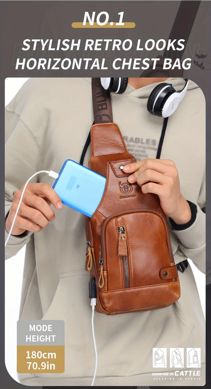 Fashion-Forward Men's Genuine Leather Bag: Adjustable, Spacious & Detailed for All Outings