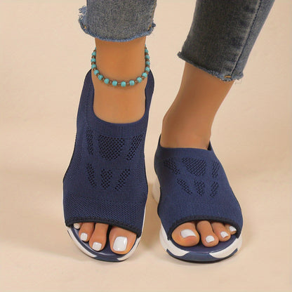 [Knitted Sandals] Lightweight Women's Knitted Cut-out Sandals | Solid Color Open Toe Slip On Shoes, Wedge Shoes