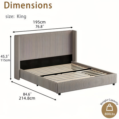Bedroom Furniture| Elegant Beige Corduroy Upholstered Bed Frame - Soft, Low Profile Platform Bed with Vertical Tufted Headboard, No Box Spring Needed, Easy Assembly, Hardwood Fiber Board, Full Body Support, Bed Accessories