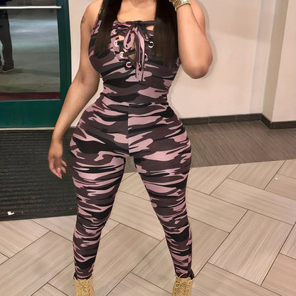 Sleeveless Leopard Print Sexy Jumpsuit, Skinny Camouflage Knitted Jumpsuit, Women's Clothing