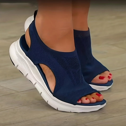 [Knitted Sandals] Lightweight Women's Knitted Cut-out Sandals | Solid Color Open Toe Slip On Shoes, Wedge Shoes