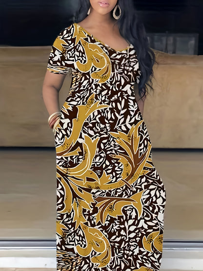 [Tie Dye Maxi Dress] Elegant Plus Size Maxi Dress | Women's Tie Dye Print Short Sleeve with Pocket, Medium Stretch Long Dress