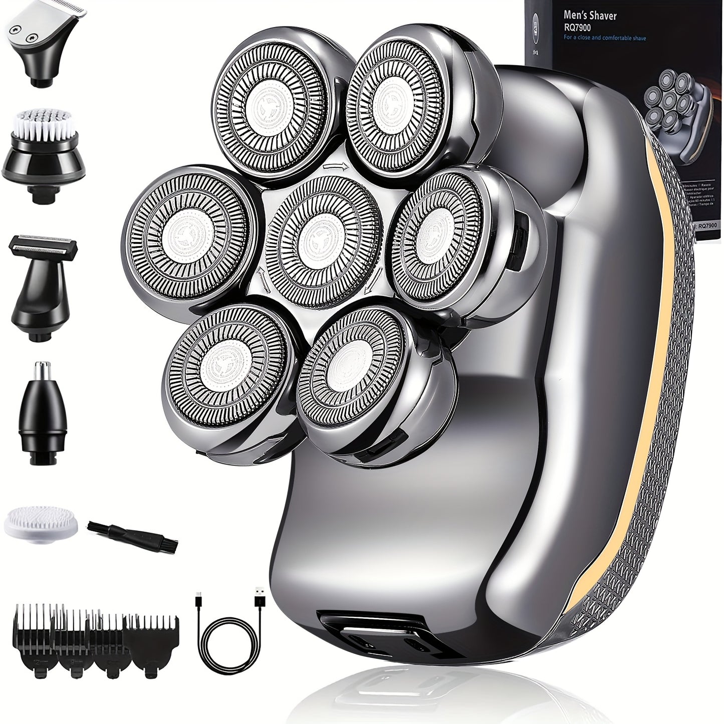 Men'S Electric Head Shaver Razor - Rechargeable Cordless Hair Shaving Razors for Bald Man 6 in 1 Wet Dry Beard Trimmer Body Hair Cutting Clipper Grooming Kit 7 Rotary Heads (Gray) - Power Supply: USB Charging (built-in Batter
